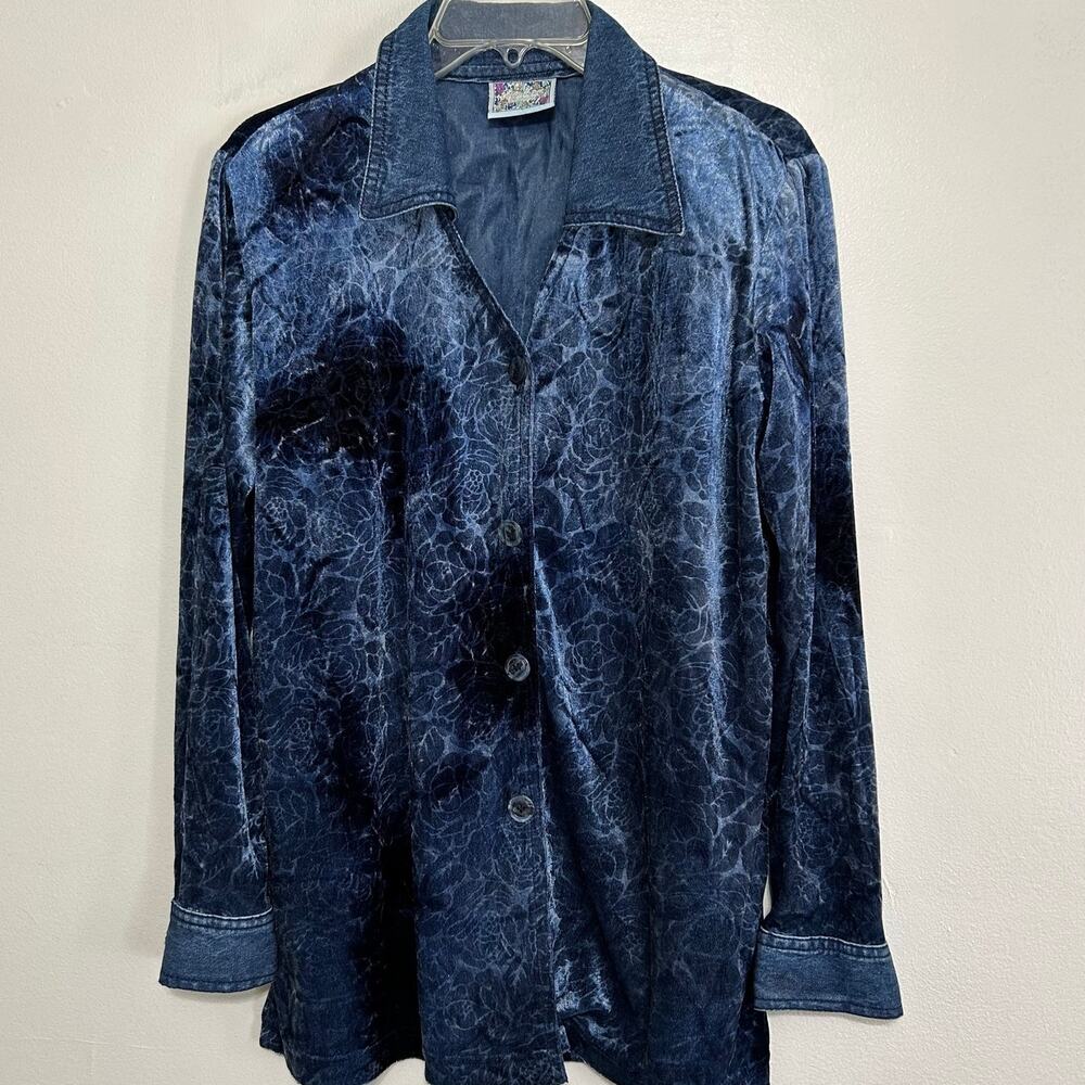 Monique Fashions Women's Large Blue Floral Denim Trim Shirt
